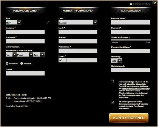 Das Annmeldeformular des Eurogrand Casinos.
